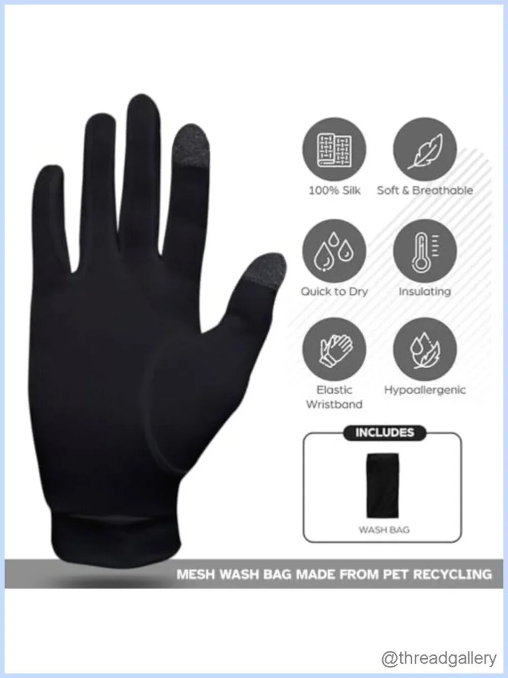 Silk Glove Liners Thermal Touchscreen Unisex with Wash Bag